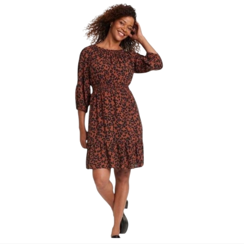 Knox Rose Burnt Orange Black Leopard Print Midi Dress Sz L Boho 3/4 Sleeve NWT